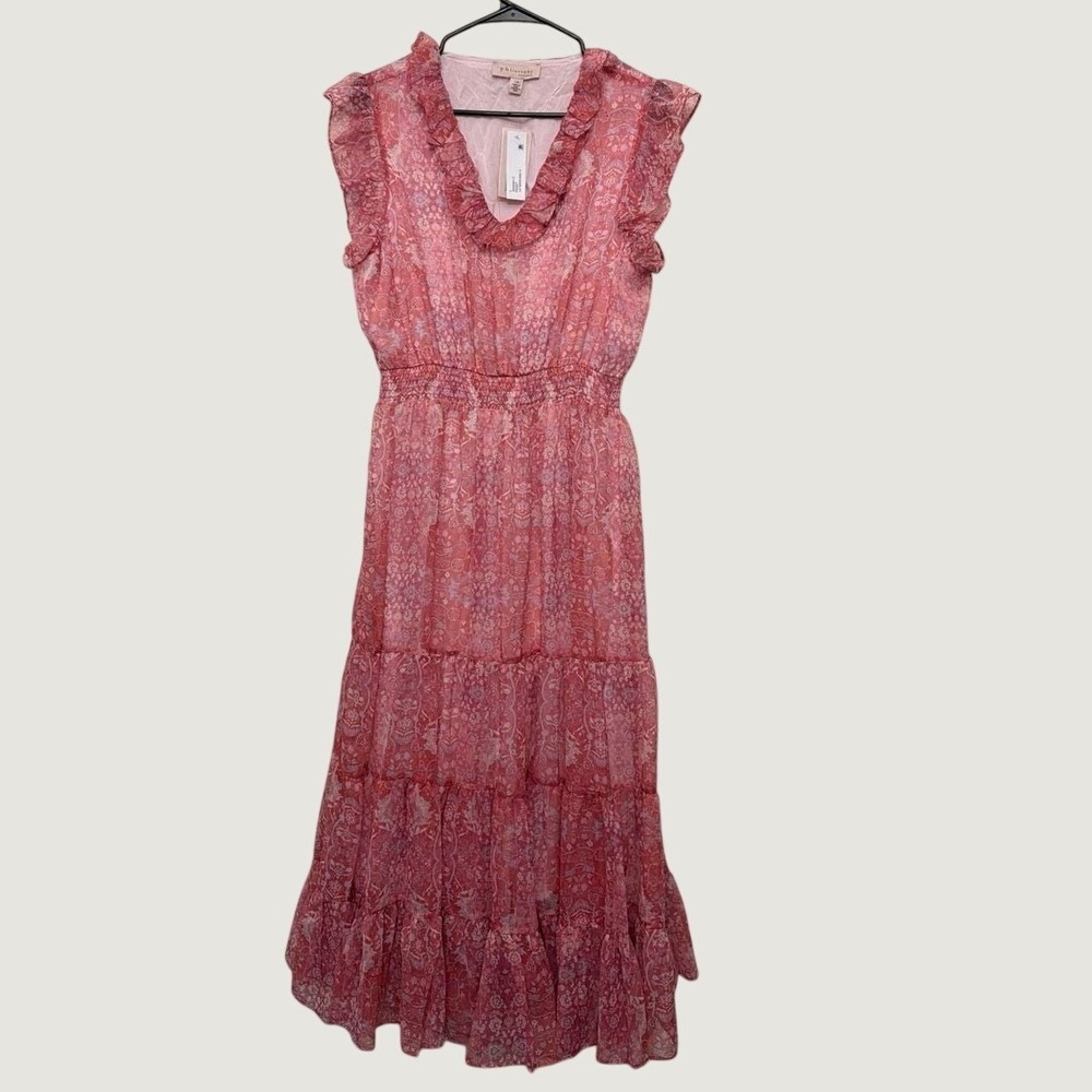 Philosophy Republic Pink Floral Tiered Maxi Dress L Ruffle V-Neck Flutter Sleeve